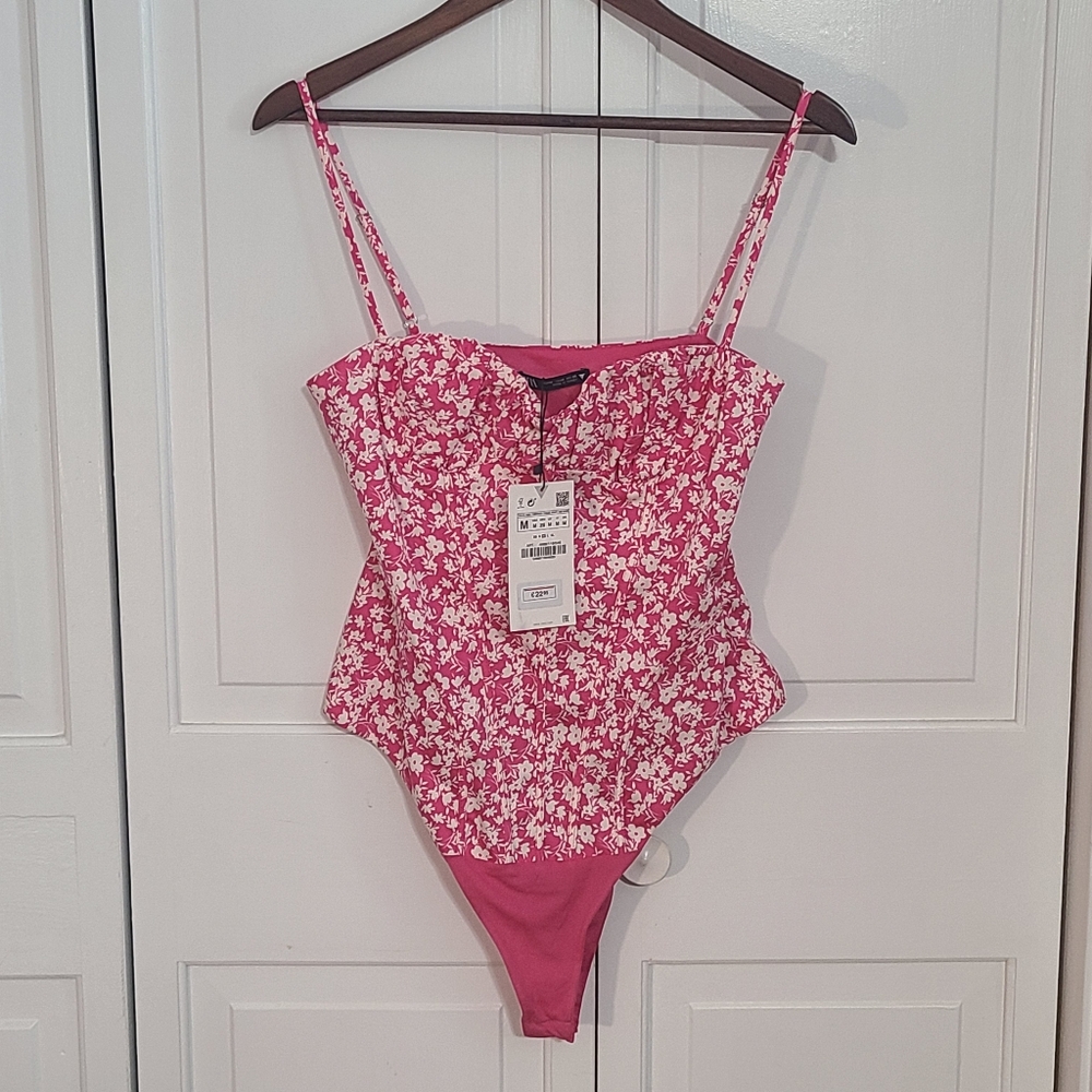 Zara Floral Corset Bodysuit Pink and White Floral Size Medium - Picture 1 of 5